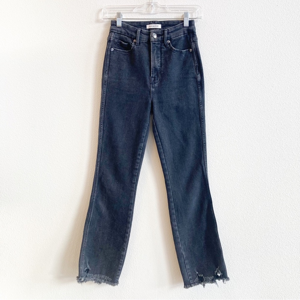 Good American Good Curve Jeans High Rise Straight Leg Fray Hem Vintage Black 24